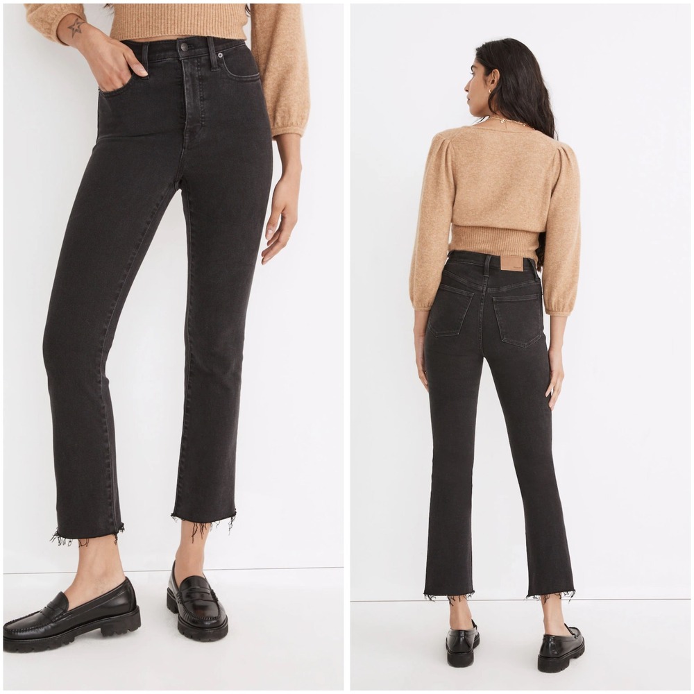 Madewell Cali Demi Boot Jeans Black Wash High Rise Raw Hem Denim Size 24